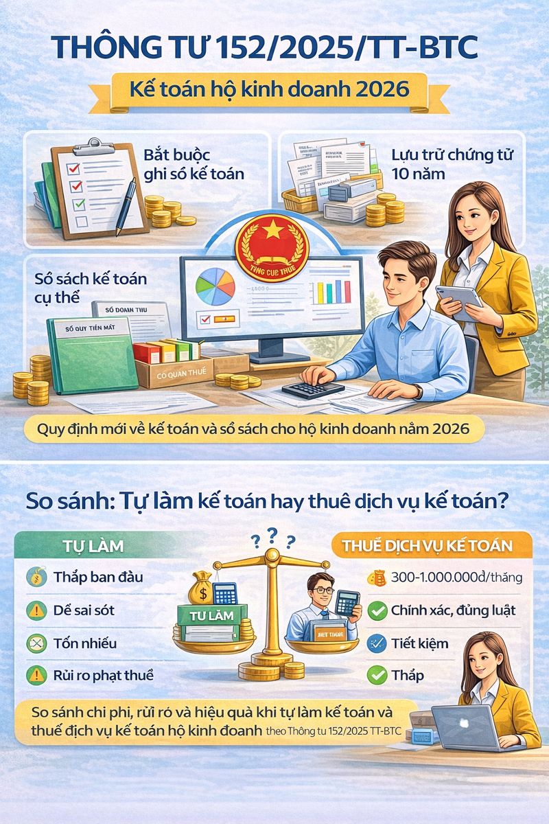 So sánh tự làm và thuê dịch vụ kế toán hộ kinh doanh theo Thông tư 152/2025/TT-BTC